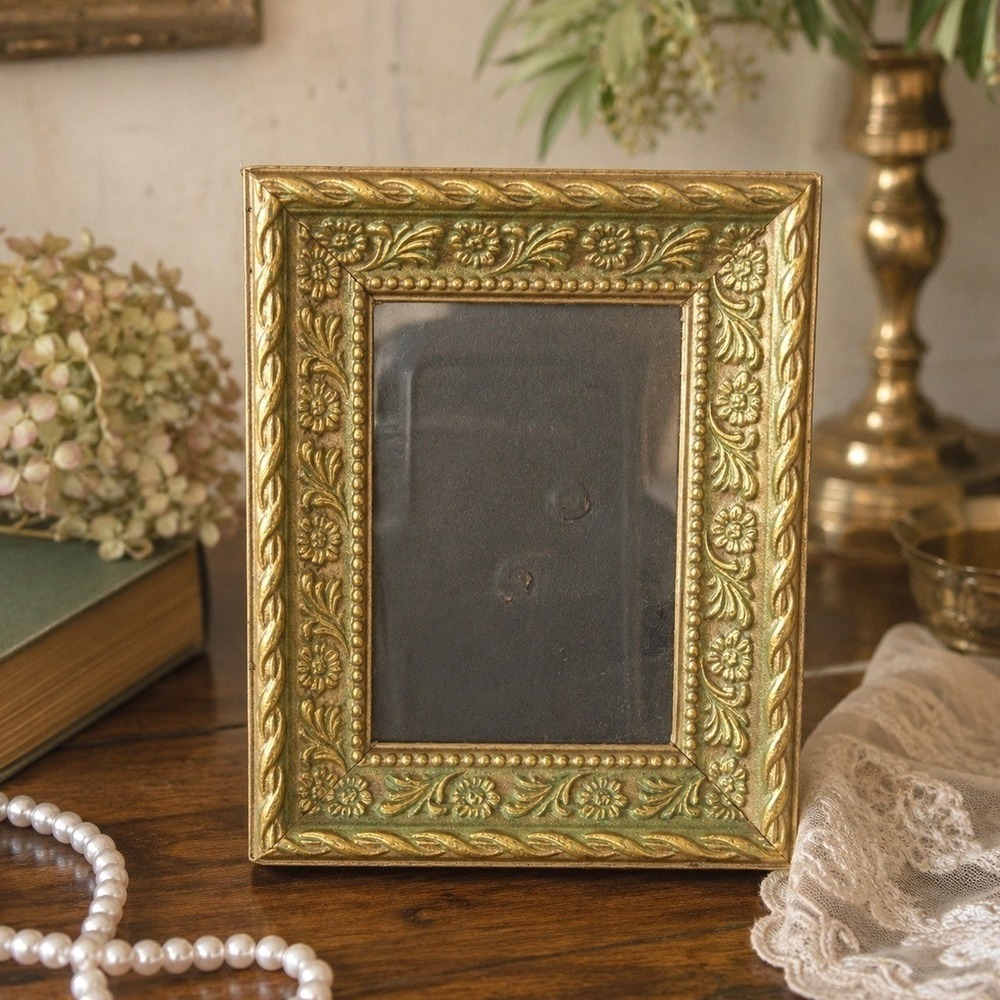 Vintage Ornate‎ Floral Gold Green Picture Frame Size 3x2 Grandmillennial Baroque